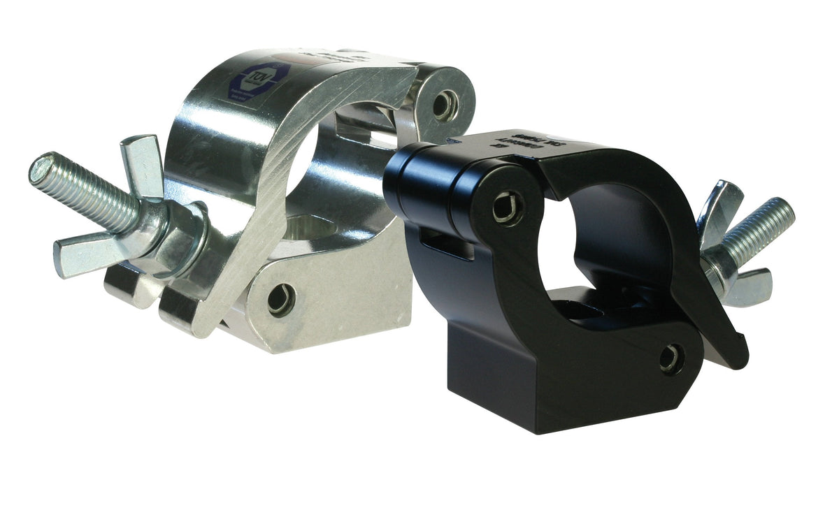 Doughty half couplers for 48–51mm tube — polished aluminium and black finish, stage lighting truss clamps