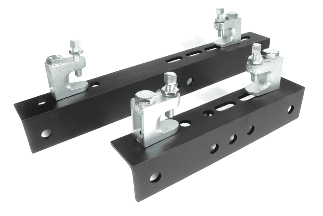 Doughty Lindapter Girder Clamp — two black steel adjustable girder frames with Lindapter flange clamps for suspending lighting bars and rigging from structural steel I-beams, 75–300mm flange width
