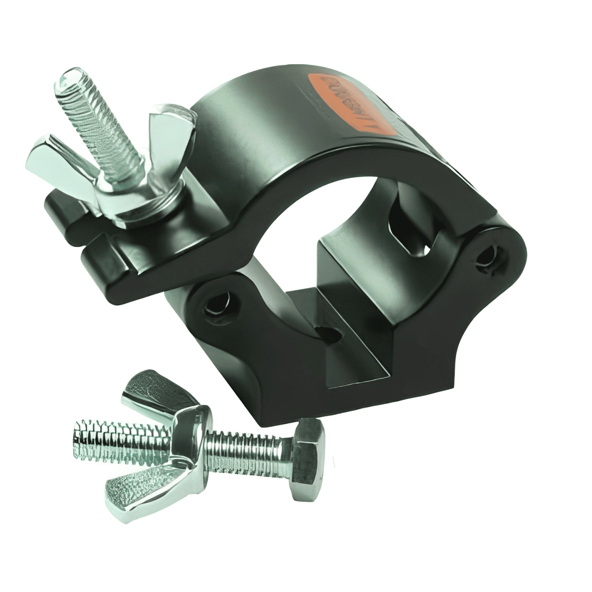 Doughty Half Coupler T58997 - black anodised aluminium wrap-around stage lighting clamp for 48–51mm tube, shown with M10 bolt and wing nut