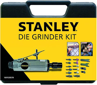 Stanley die grinder kit with tools and accessories on a yellow background