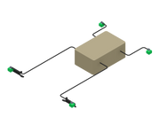 Beige rectangular block with black wires and green connectors on a white background