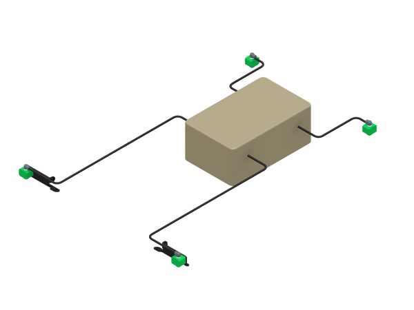 Beige rectangular block with black wires and green connectors on a white background