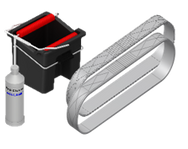 Cleaning kit with a bucket, squeegee, and cleaning solution on a white background