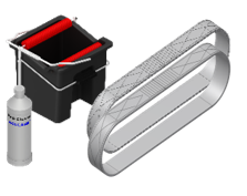 Cleaning kit with a bucket, squeegee, and cleaning solution on a white background