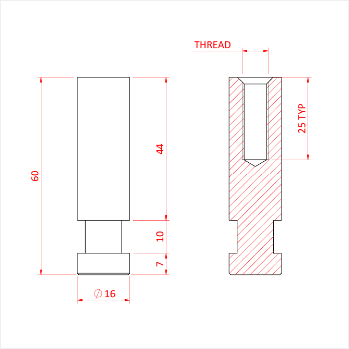 Doughty 16mm Solo Spigot technical dimensions. 60mm height, 16mm diameter spigot with M8 M10 female thread diagram - imagen 2