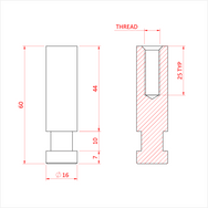 Doughty 16mm Solo Spigot technical dimensions. 60mm height, 16mm diameter spigot with M8 M10 female thread diagram - imagen 2