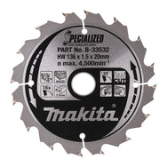 Makita - Makita B-33532 Specialized for Cordless Saws Blade 136 x 20mm x 16T - Makita cordless saw blade, 136mm, 16 teeth, wood cutting.