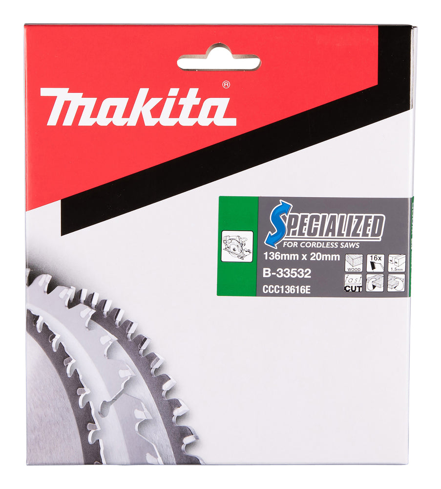 Makita - Makita B-33532 Specialized for Cordless Saws Blade 136 x 20mm x 16T - Makita 136mm Specialized Cordless Saw Blade Packaging - imagen 3