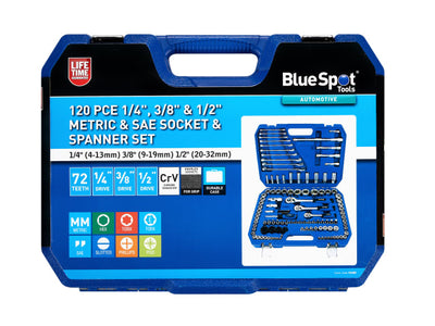 BlueSpot Tools 1/2in, 3/8in & 1/4in Metric Socket Set, 120 Piece – – Now available at MTN Shop UK.
