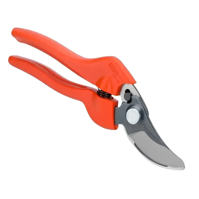 A pair of pruning shears with bright orange handles and silver stainless steel blades, shown on a plain white background.