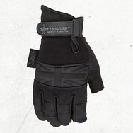 Dirty Rigger Comfort Fit Black Edition framer rigger glove, back of hand view with discreet black Dirty Rigger branding, wrist strap, and exposed fingertips.