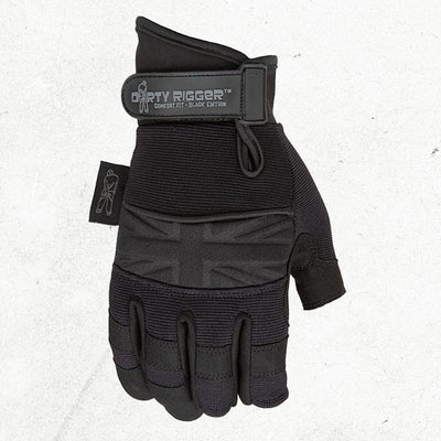 Dirty Rigger Comfort Fit Black Edition framer rigger glove, back of hand view with discreet black Dirty Rigger branding, wrist strap, and exposed fingertips.
