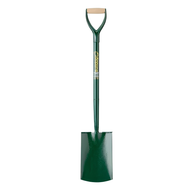 A green metal garden spade with a wooden D-handle, shown vertically against a plain white background.