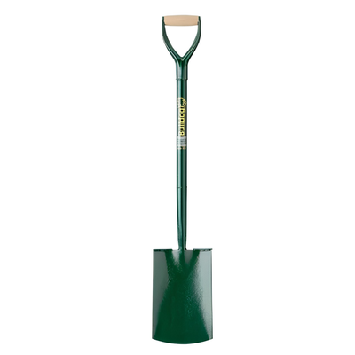 A green metal garden spade with a wooden D-handle, shown vertically against a plain white background.