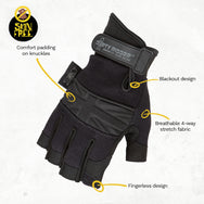 Dirty Rigger Comfort Fit Black Edition fingerless rigger glove, back view with feature callouts showing knuckle padding and breathable back design. - imagen 4