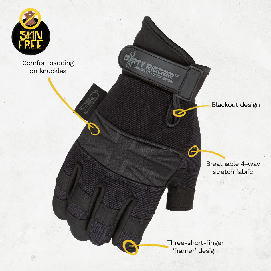Dirty Rigger Comfort Fit Black Edition framer rigger glove, back view with feature callouts showing knuckle comfort padding, breathable back, and three-short-finger framer design. - imagen 4