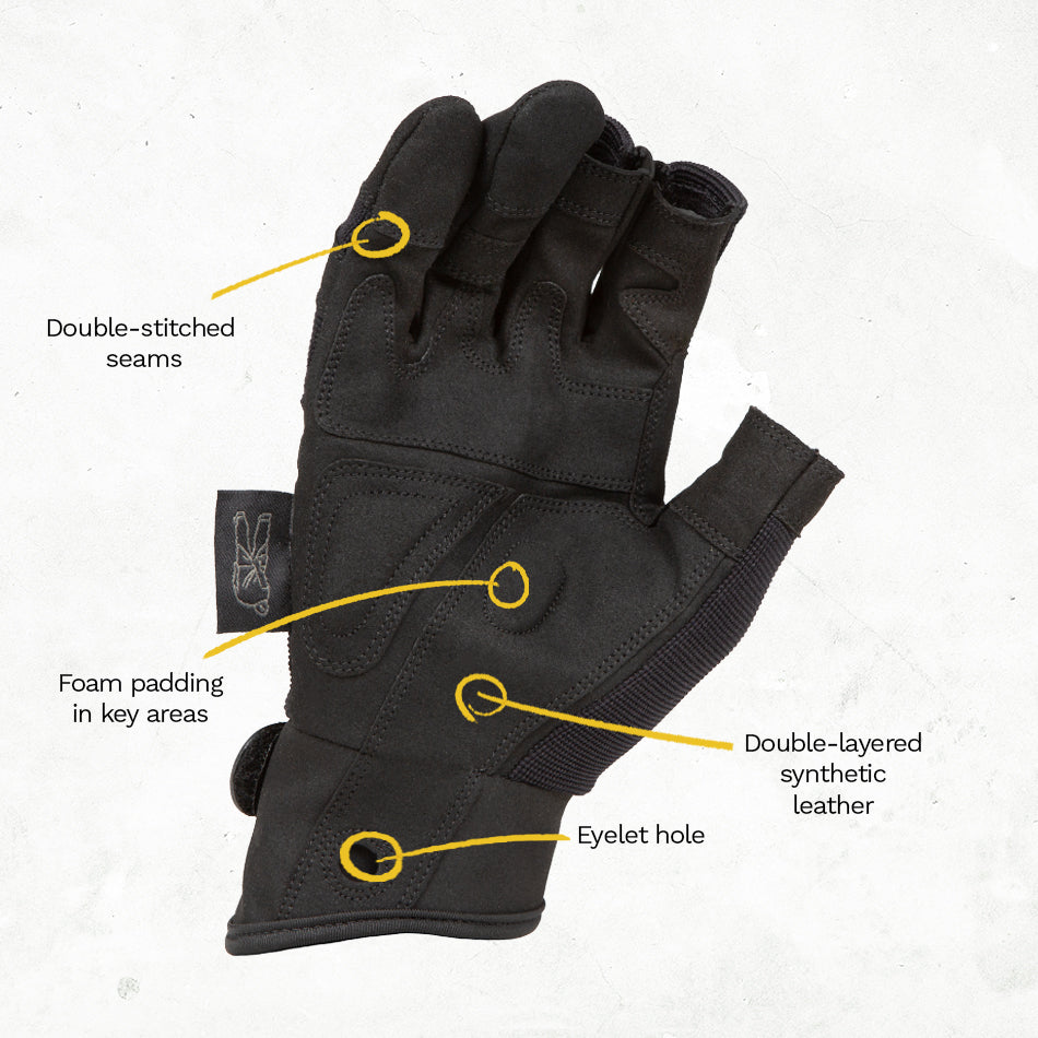 Dirty Rigger Comfort Fit Black Edition framer rigger glove, palm view with callouts for double-stitched seams, foam padding in key areas, double-layered synthetic leather, and eyelet hole. - imagen 3