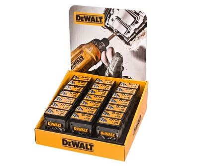 DeWalt PH2 25mm Standard Screwdriver Bits Tic Tac Display showing 21 individual flip-top boxes arranged in yellow trade display stand with DeWalt branding