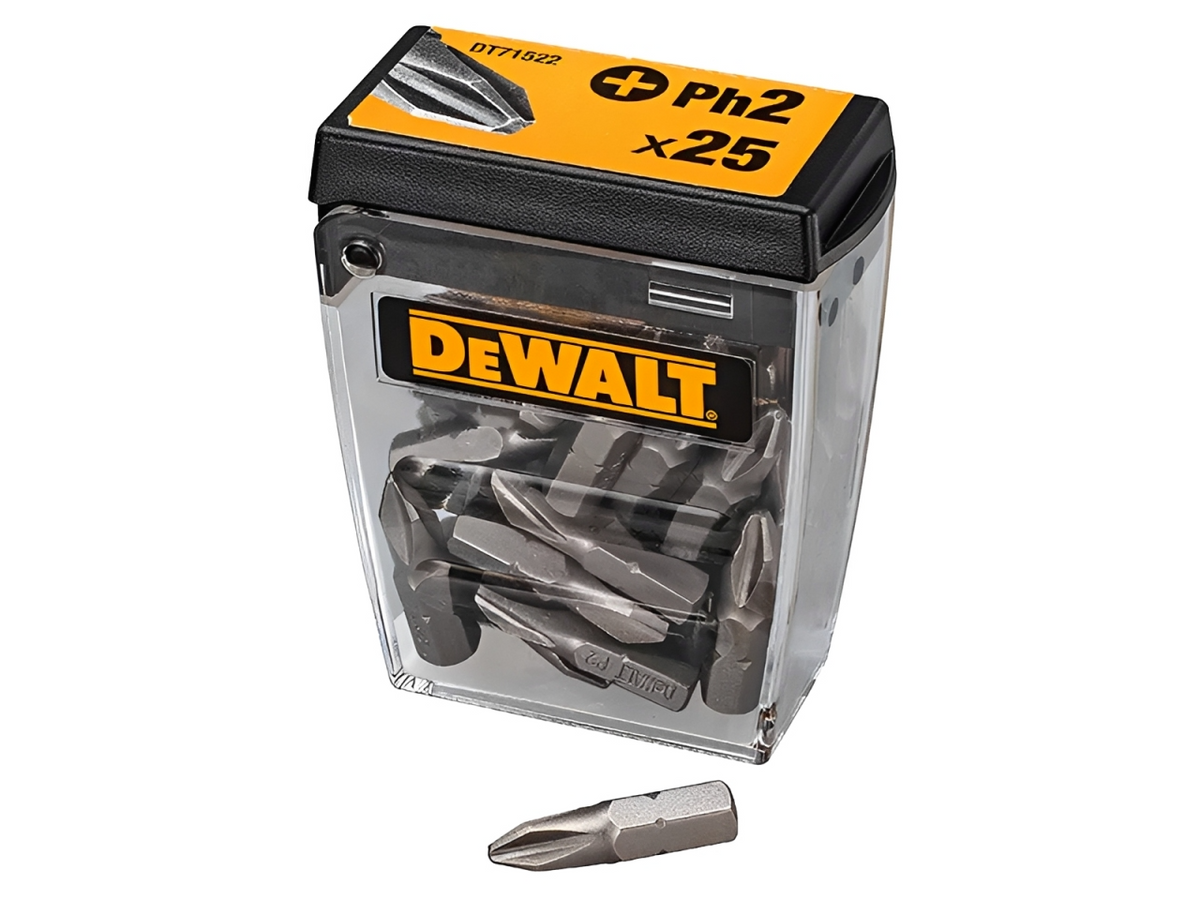 DeWalt DT71522-QZ PH2 25mm screwdriver bits single Tic Tac flip-top box containing 25 bits with individual bit shown alongside - imagen 2
