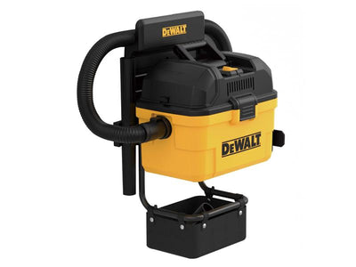 DEWALT DXV23GA Garage Wet and Dry Vacuum 1100W wall-mounted on bracket with 48mm flexible hose attached and accessory storage bag on side, showing yellow tank and black motor head