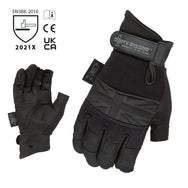 Dirty Rigger Comfort Fit Black Edition framer rigger gloves, palm and back view alongside EN 388:2016, CE and UKCA certification symbols. - imagen 2