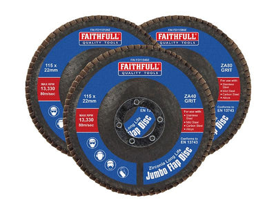 Faithfull Zirconia Abrasive Jumbo Flap Disc 115 x 22mm Mixed Grit (3 Pack)