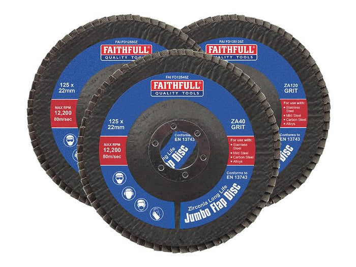 Faithfull Zirconia Abrasive Jumbo Flap Disc 125 x 22mm Mixed Grit (3 Pack)