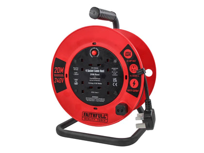 Faithfull Power Plus - Faithfull Power Plus Open Cable Reel 240V 20m 13A 4 Socket (1.25mm Cable) - Red 4-socket cable reel, 20m, 240V, 13A max.