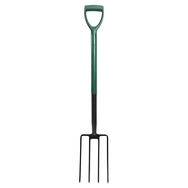 A garden hand fork with a green D-shaped handle and black metal tines, shown vertically against a plain white background.
