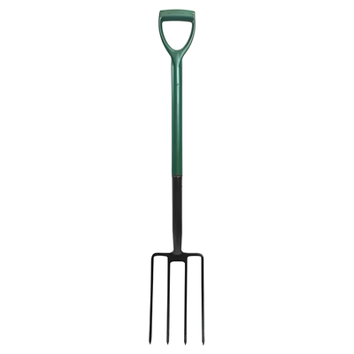 A garden hand fork with a green D-shaped handle and black metal tines, shown vertically against a plain white background.