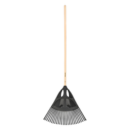 A garden rake with a long light wood handle and a black plastic head, shown against a plain white background.
