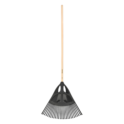 A garden rake with a long light wood handle and a black plastic head, shown against a plain white background.
