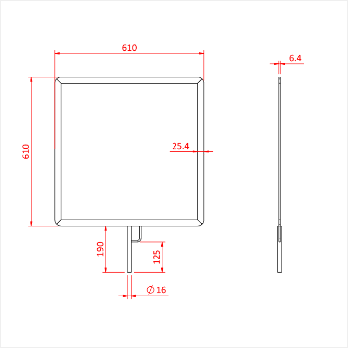 Doughty Flag Frame G3015 technical dimensions — 24x24 inch flat aluminium flag frame with 16mm spigot pin diagram - imagen 2