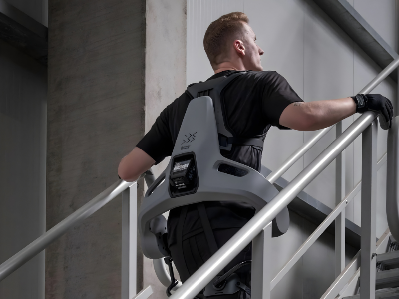 Person using a back support device on a staircase