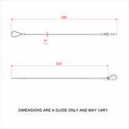 Doughty Engineering - Doughty 15Kg Stainless Safety Bond – 3mm x 585mm - The image depicts technical drawings of a cable assembly, showing two different views. The top view displays a cable with a loop and hook, measuring 585 mm in length and 3 mm in diameter. The bottom view shows the same configuration but measures 537 mm in length. Below the drawings, there is a note stating, "DIMENSIONS ARE A GUIDE ONLY AND MAY VARY." - IP22001 - imagen 2