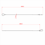 Doughty Engineering - Doughty 20Kg Stainless Safety Bond – 2mm x 600mm - The image shows a technical drawing of two wire assemblies. Both wires have loops at one end and connectors at the other. The top wire is 648 units long with a diameter of 2 units, and the bottom wire is 600 units long. The measurements are indicated in red. - IP28410 - imagen 2