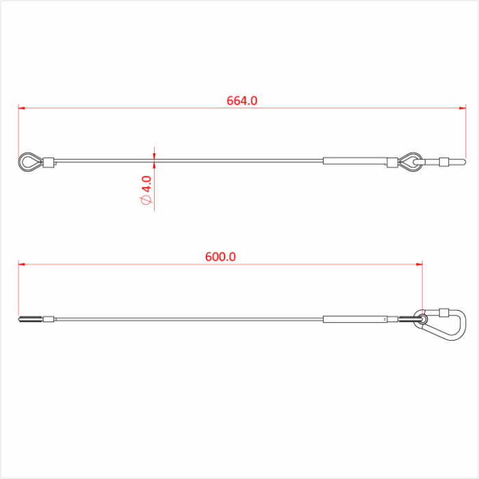 Doughty Engineering - Doughty 36Kg Stainless Safety Bond – 4mm x 600mm - The image shows a technical drawing of two wire ropes. The top rope is 664.0 units long and has a diameter of 4.0 units. The bottom rope is 600.0 units long. Both ropes appear to have loops at their ends, possibly with rigging or attachment details. The dimensions are annotated in red. - IP28440 - imagen 2