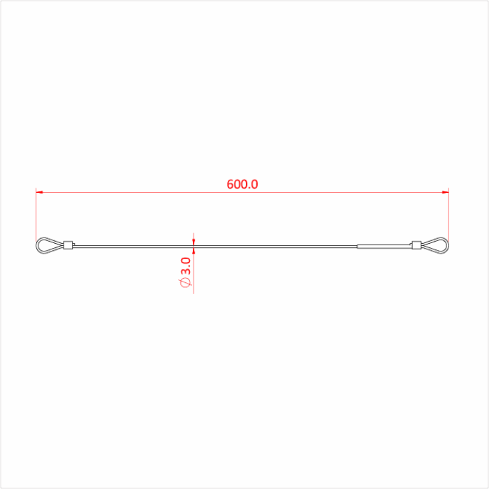 Doughty Engineering - Doughty 100Kg Stainless Safety Bond – 3mm x 600mm - The image is a technical drawing of a wire rope with loops at both ends. It shows the overall length as 600.0 units and the diameter as 3.0 units. The measurements are annotated in red. The loops at each end appear to be made with thimbles and wire clamps. - IP28490 - imagen 2