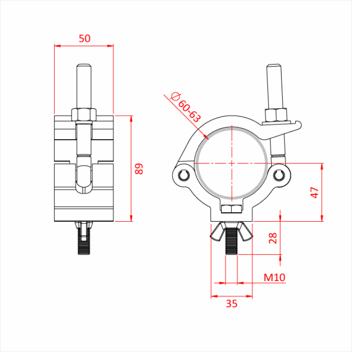 Doughty All Weather Mammoth Hook Clamp - Adjustable pipe clamp with precise dimensions and measurements. - imagen 3