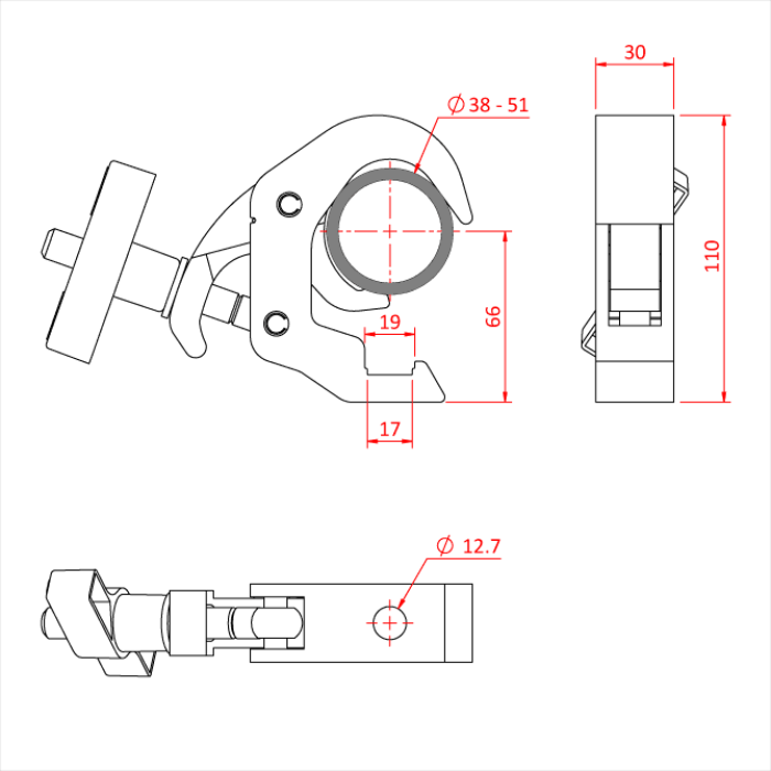 Doughty All Weather Slimline Quick Trigger Clamp - Pipe clamp dimensions diagram, adjustable, detailed measurements. - imagen 4