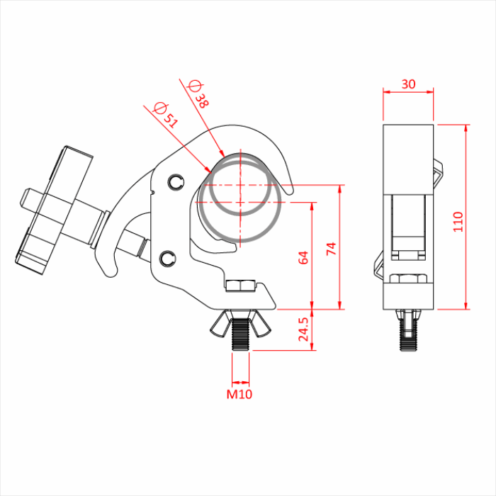 Doughty All Weather Slimline Quick Trigger Hook Clamp - Heavy-duty truss clamp technical drawing with dimensions. - imagen 4