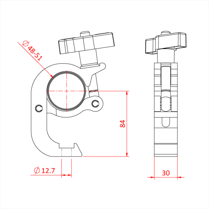 Doughty All Weather Trigger Clamp - Adjustable metal clamp, technical drawing, dimensions indicated. - imagen 2