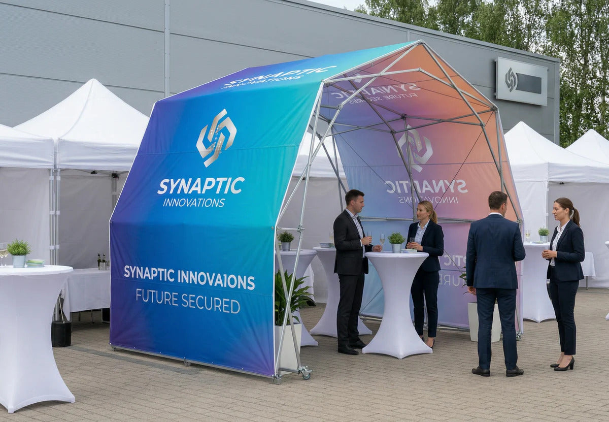 Konligo The Tent commercial gazebo heavy duty configured as a trade show booth with branded backdrop - imagen 6