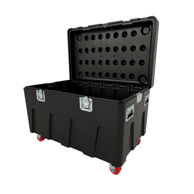 Black storage box with wheels on a white background