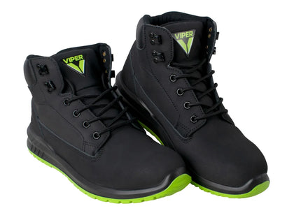 Scan - Scan Viper SBP Safety Boots - Black work boots with green soles, Viper logo.