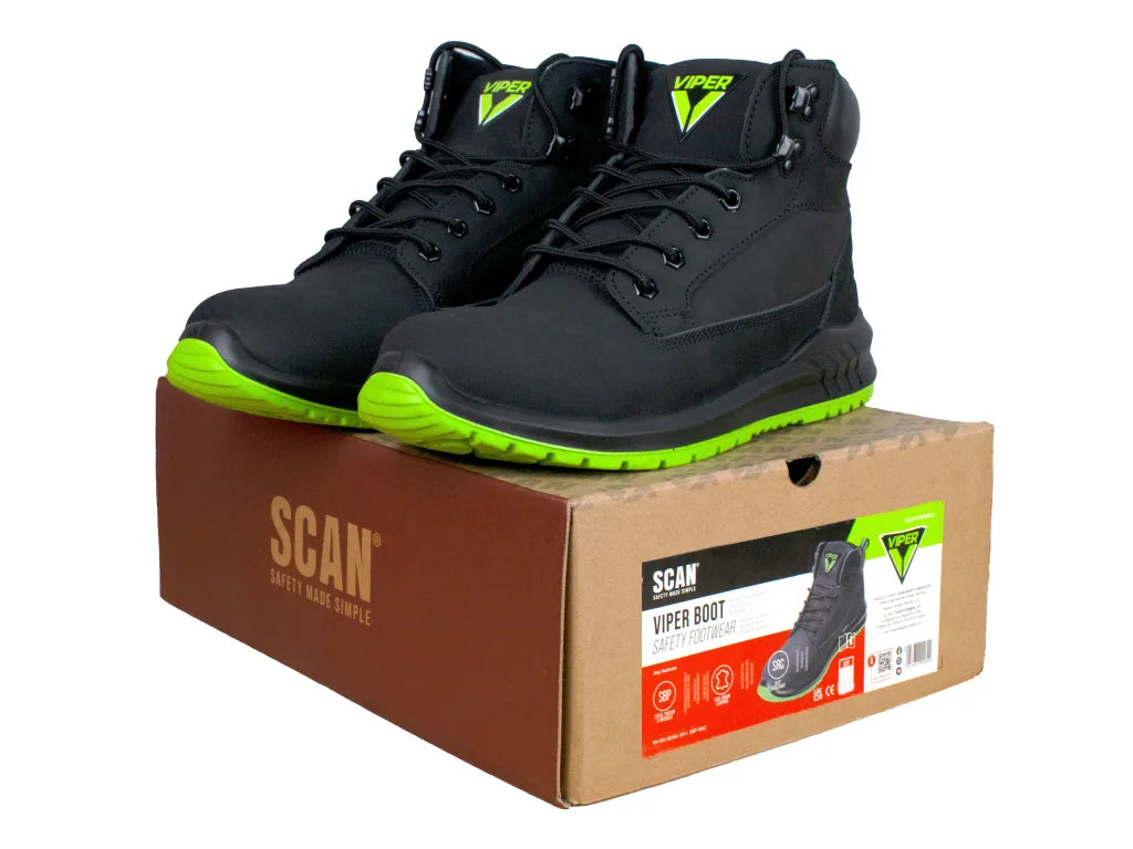 Scan - Scan Viper SBP Safety Boots - Black Viper safety boots with green soles on box. - imagen 2