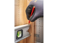 Hand wearing a glove holding a red pencil near a level tool against a wooden panel. - imagen 3