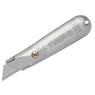 A silver Stanley utility knife with a textured handle and a partially extended silver blade, shown on a plain white background.