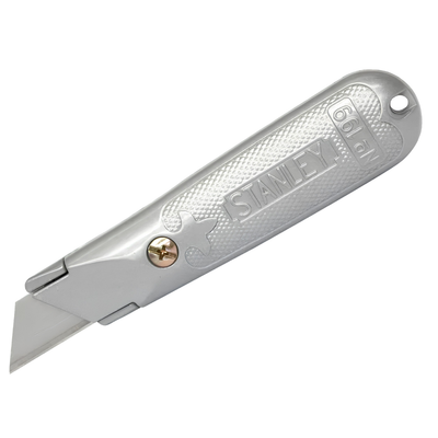 A silver Stanley utility knife with a textured handle and a partially extended silver blade, shown on a plain white background.