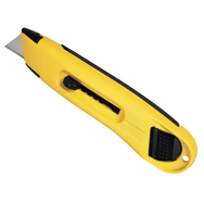 A yellow and black utility knife with a silver metal blade partially extended, shown on a plain white background.